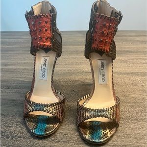 JIMMY CHOO Lizard & Leather studded ankle strap Stilettos